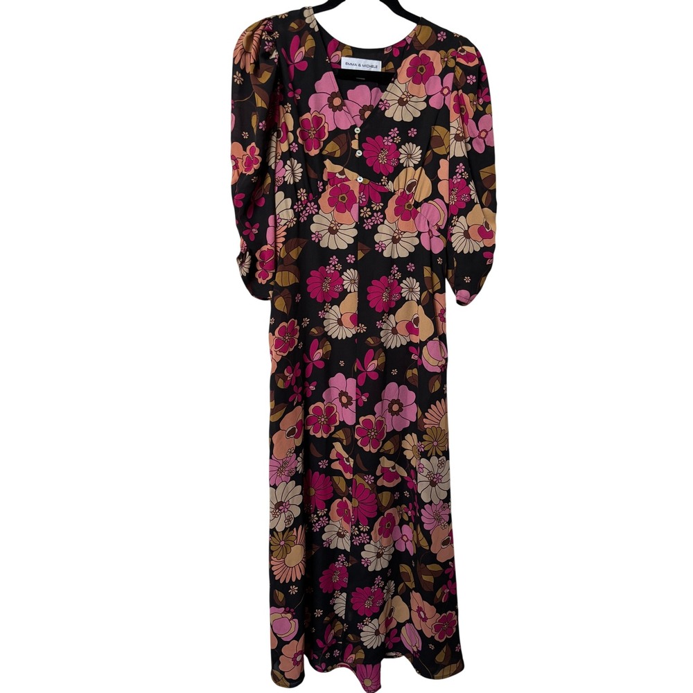 Emma & Michele Womens 70s Style Floral Maxi Dress Black Pink Puff Sleeve Sz S